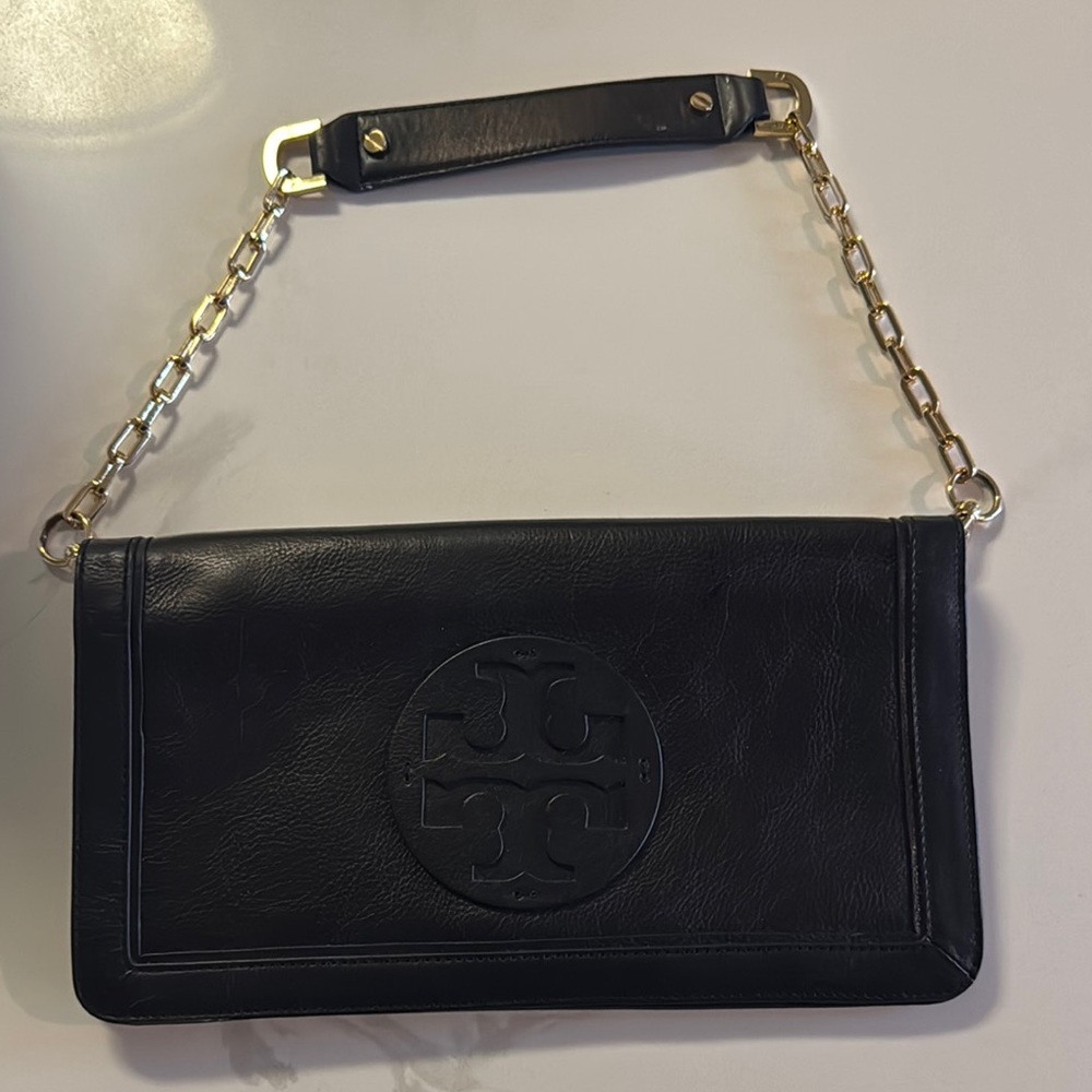 Tory Burch Navy Leather Clutch with Gold Chain